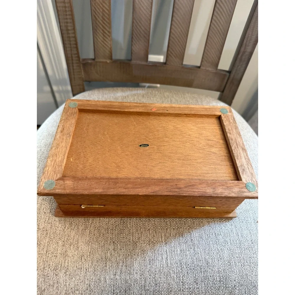 Vintage Japan Wooden Jewelry Box Red Velvet Lined Grid Carved Lid Mid Century